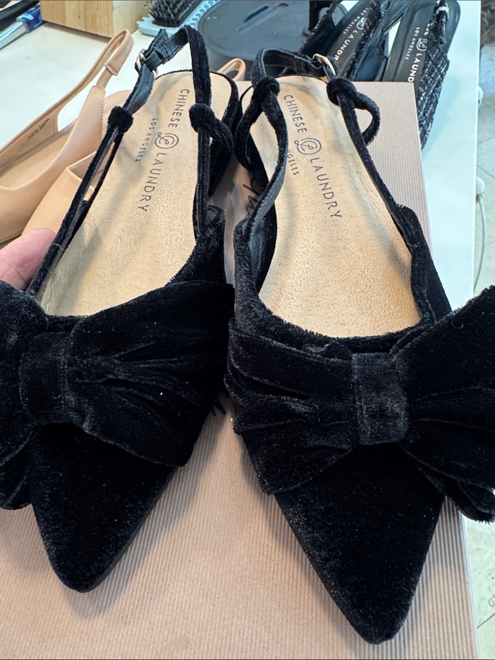 Chinese Laundry Black Velvet Bow Pointed Toe Slingback Flats